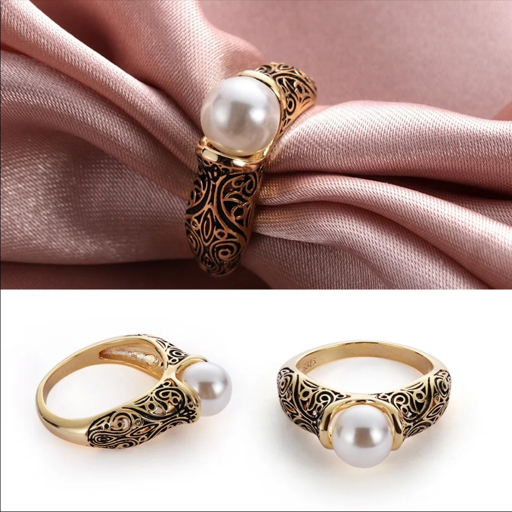 S925 Vintage engraved pearl ring - Picture 2 of 3